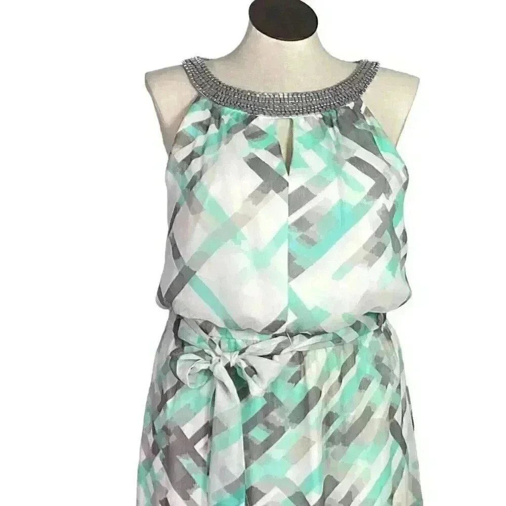 Vince Camuto Women 14 Scarf Print Maxi Dress Multi Keyhole Halter Sleeveless - Picture 2 of 11